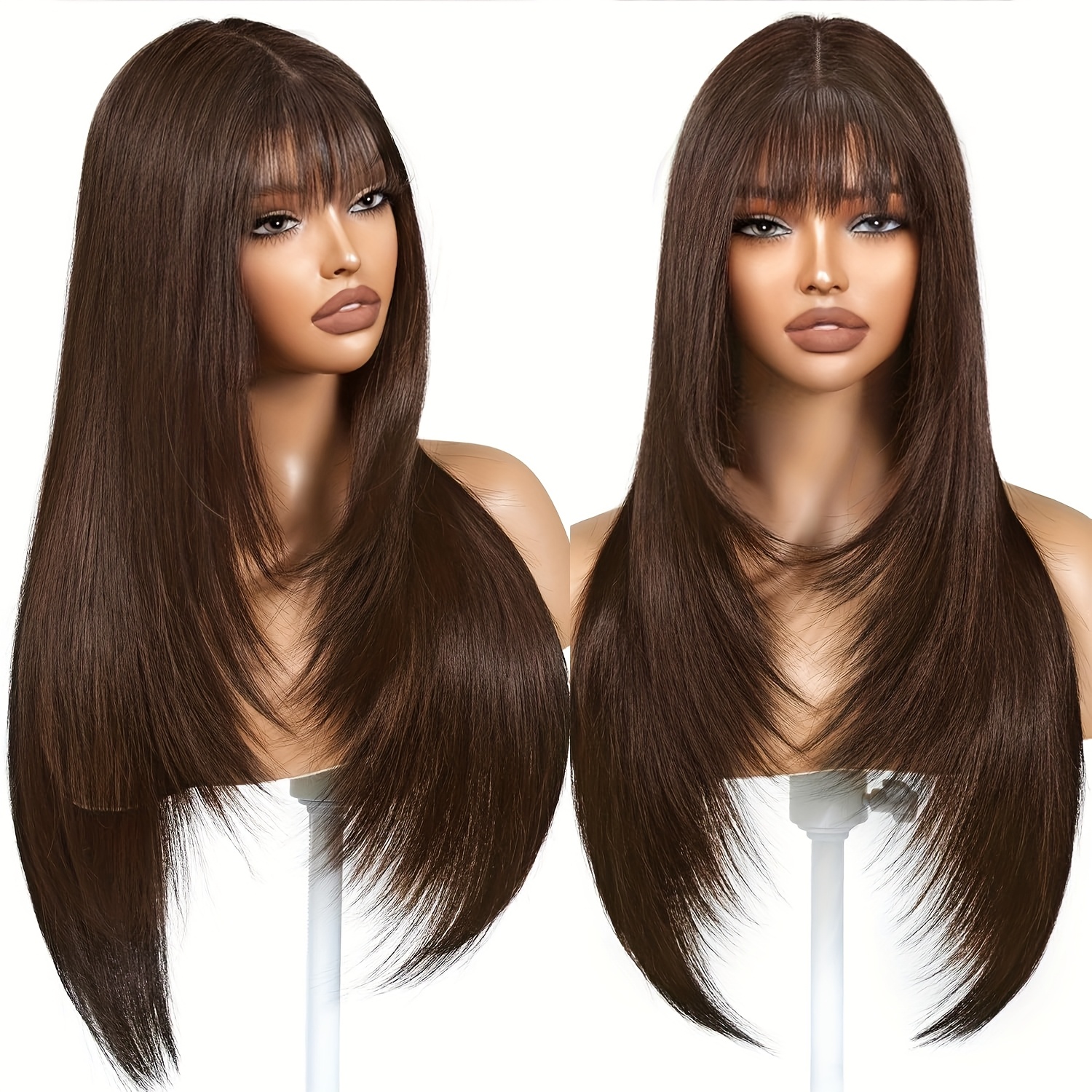 TEMU 26" Heat-resistant Synthetic Wig In Blonde And Brown Balayage With Bangs - Straight Layered Hair For Women, Density, Middle , Suitable For Daily