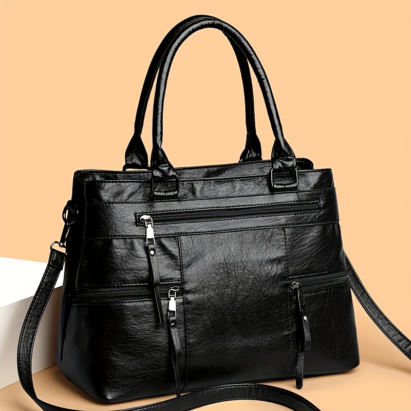 TEMU Retro Texture And Large Capacity Ladies' Tote Bag: Soft Fabric Material, Multi-pocket Practical Design, Metal Zipper Decoration, Elegant For