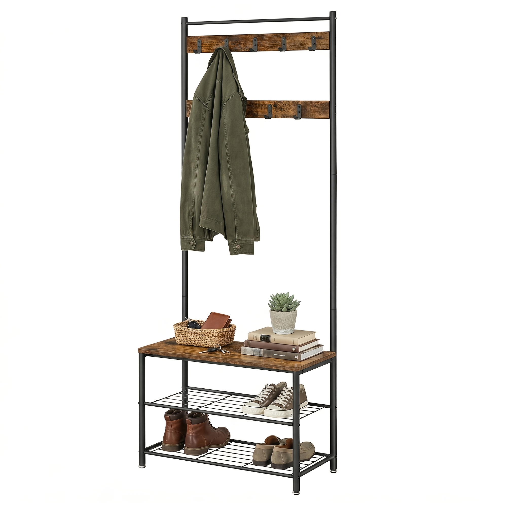 Multifunctional Clothes and Coat Rack with 8 Hooks and 3-Layer Shelf