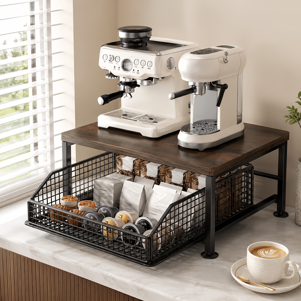 Multi-functional Storage Shelf With A Pull-out Organizers, Large Capacity, Easy To Access, Strong Load-bearing Capacity, Used To Coffee Machines, Store Coffee Beans, Coffee Capsules, Etc.