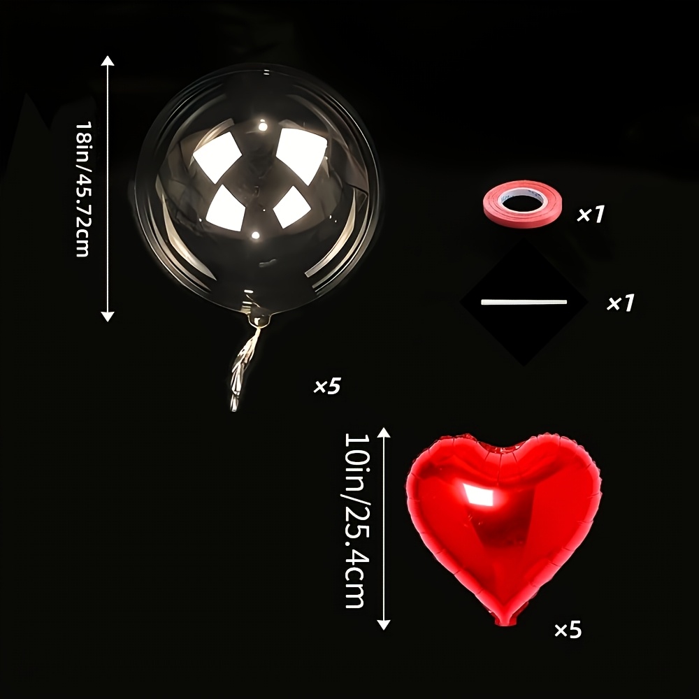 TEMU 12pcs Set Of Transparent Bobo Balls And Red Heart-shaped Aluminum Foil Balloons, Including Ribbons And Straws. Balls Are Perfect For Decorating