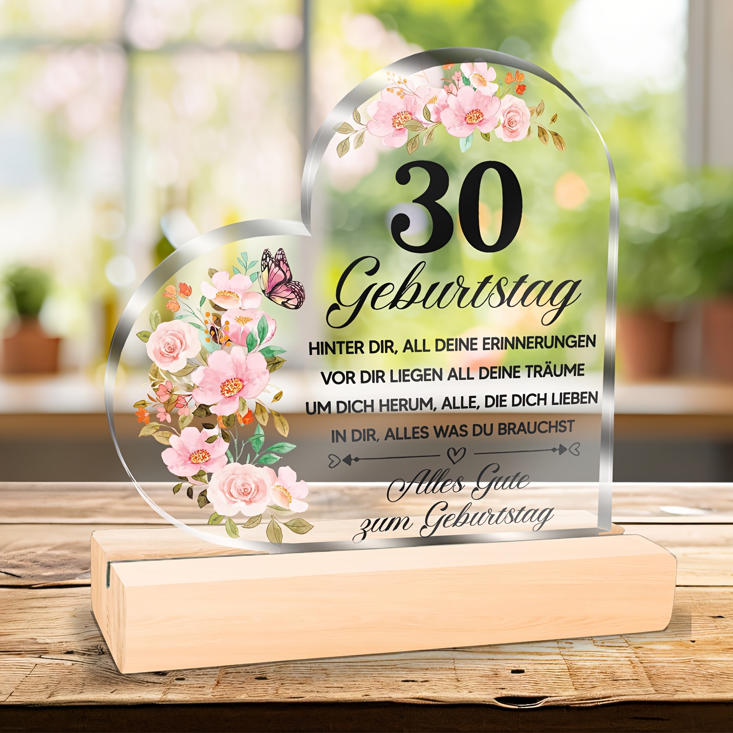 Image of 2d Flat 30th Birthday Gift For Her: Floral Heart Acrylic Plaque On Wood Base - Modern Desk Decor For Wife, Mom, Sister And Bff