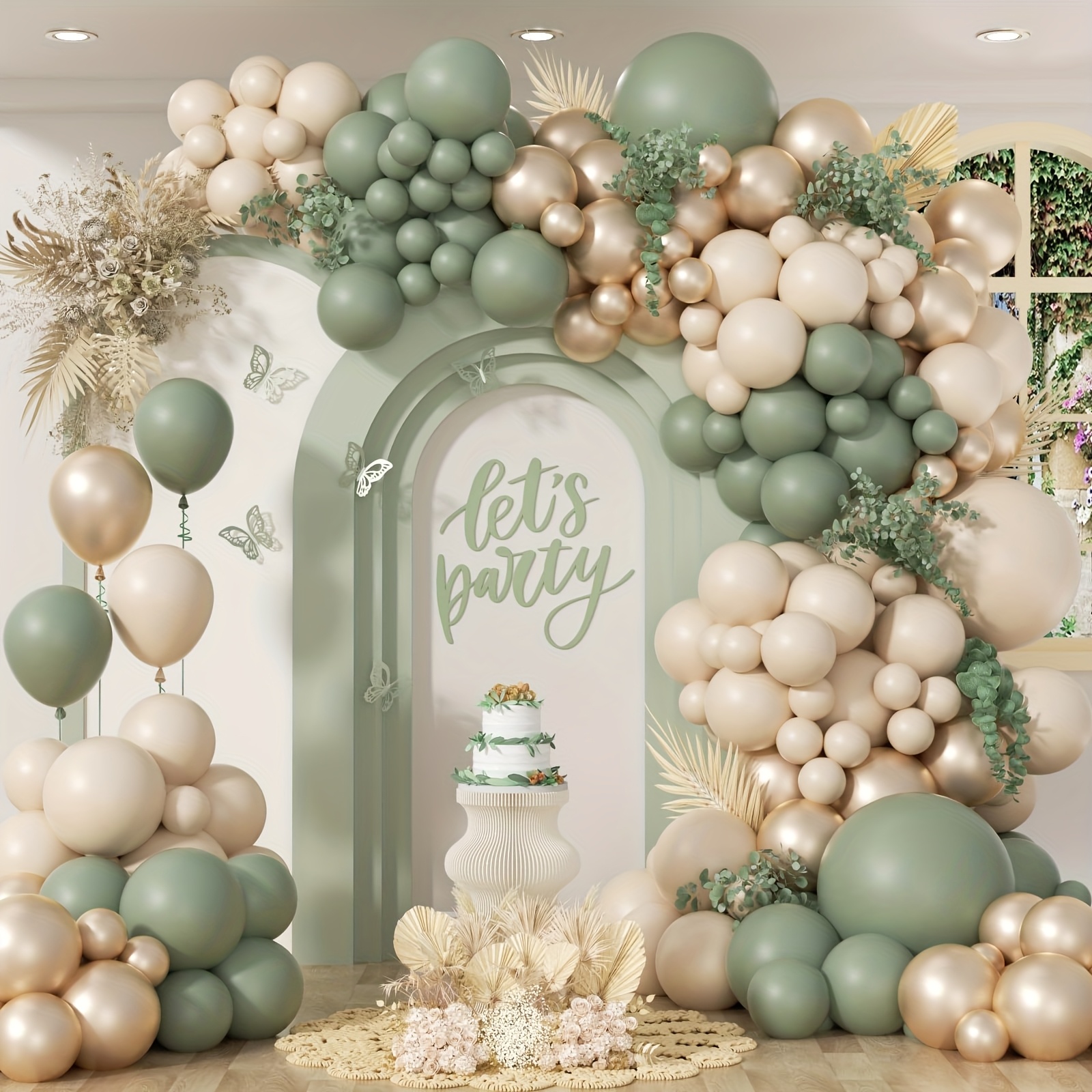 Bean Green Balloon Garland Arch Kit, Includes Bean Green And Sand White Golden Balloons, Suitable For Children's Shower Bridal Shower Birthday Party Decorations, For Halloween, Christmas