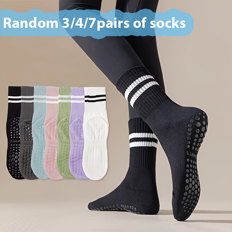 

3/4/7 Pairs Anti-slip Striped Print Socks, Simple Fitness Pilates Athletic Socks, Women's Stockings & Hosiery