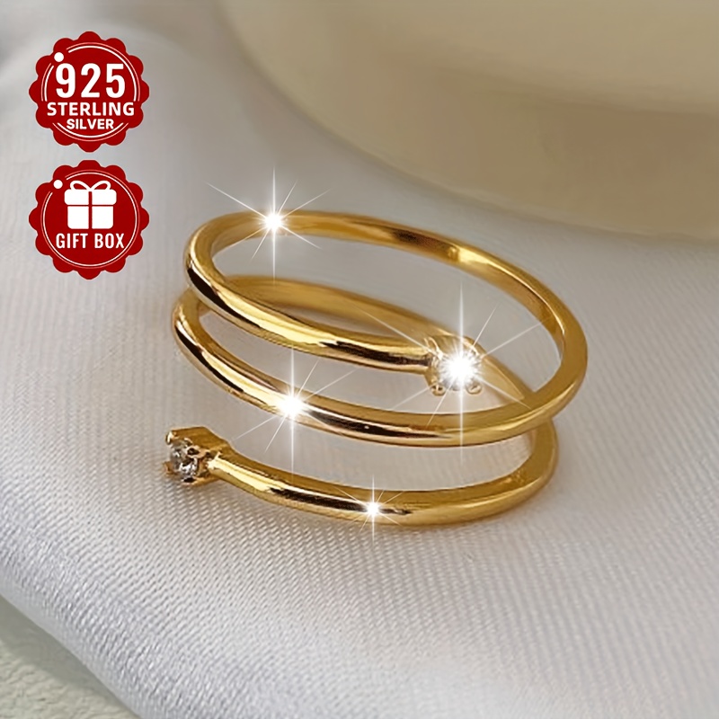 925 Silver Adjustable Open Ring for Women Triple Prong Set Zirconia