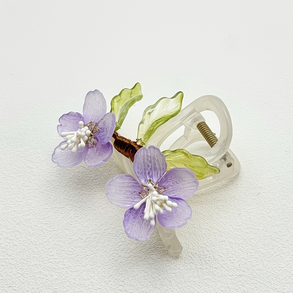 TEMU 1pc Resin Handmade Purple Flower Hair Claw French Gentle Floral Shark Clip Lightweight Secure Hold Hair Accessories For Bun Updo Versatile