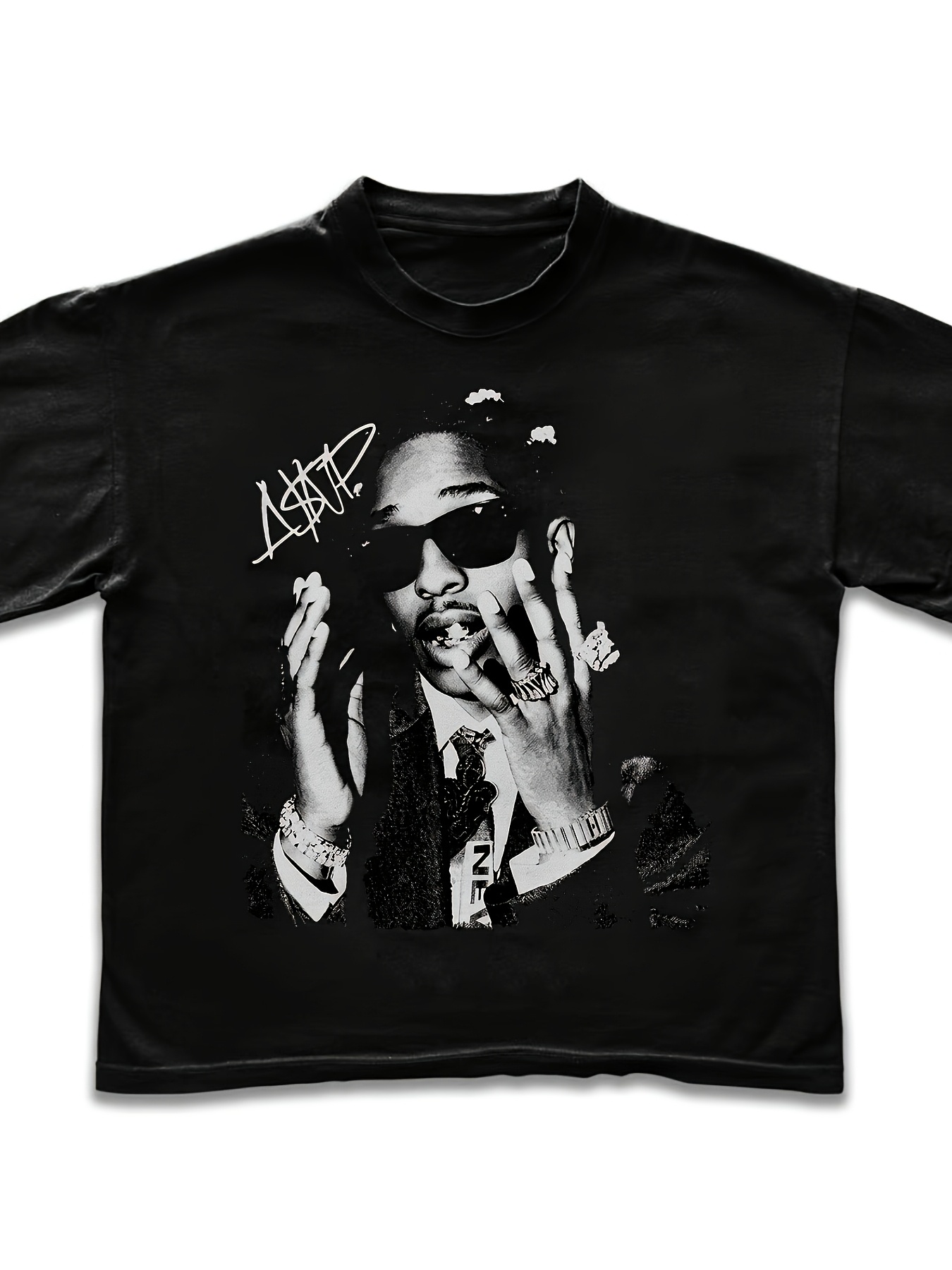 schwarzes baumwoll-t-shirt mit rundhalsausschnitt,      -porträt-druck  -design, hip-hop-streetwear-mode für herren, damen unisex-freizeitkleidung, frühlings-, sommer-, herbst-outfits, konzert-, party-, festival-, musik-event-stil