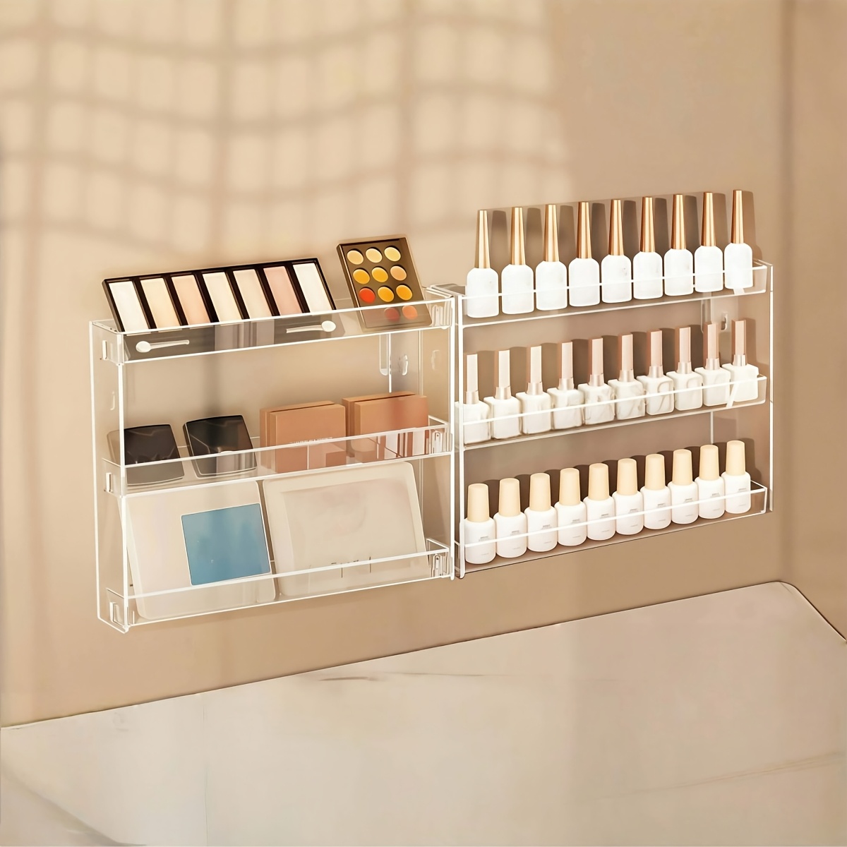 TEMU 2pcs Wall-mounted Cosmetic And Nail Polish Organizer - 3-tier Detachable Transparent Plastic Shelves, Space-saving Bathroom And Bedroom Storage