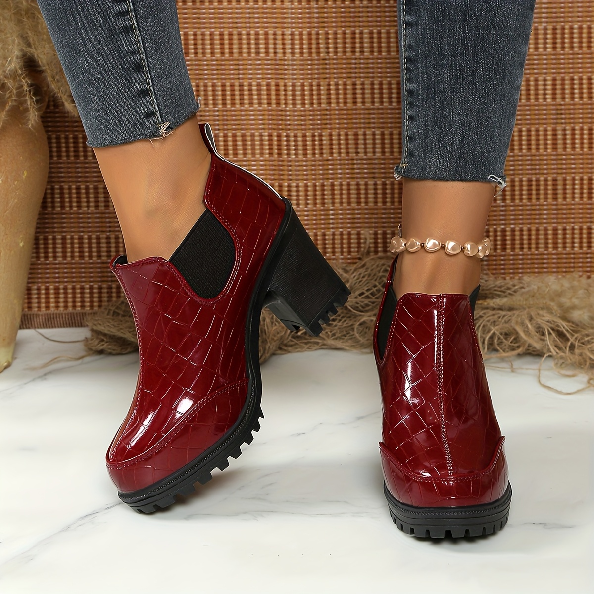 elegant womens crocodile embossed ankle boots glossy red Temu
