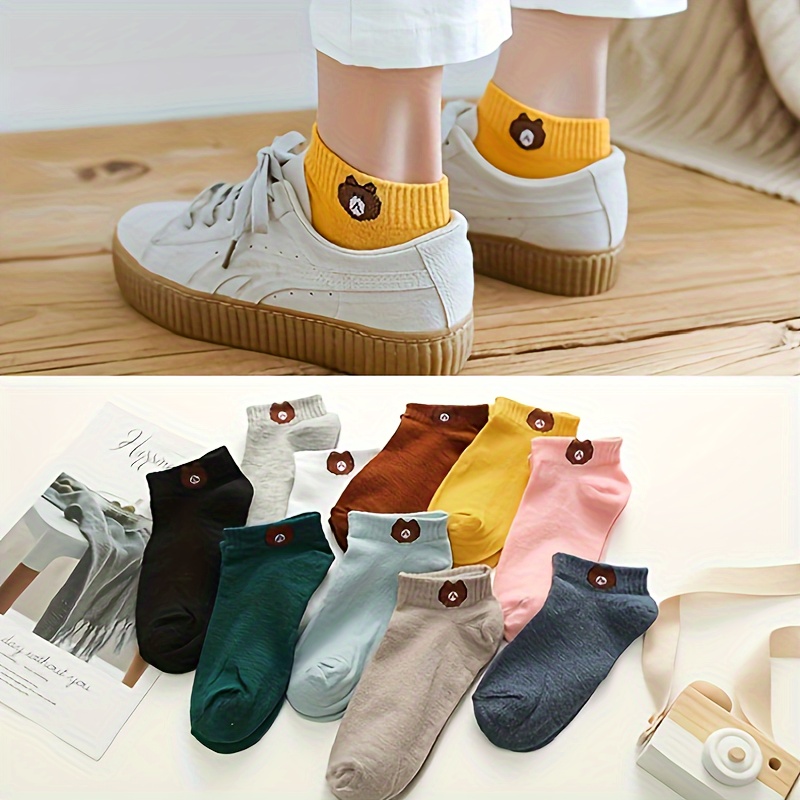 

5/10/20 Pairs Of Unisex Trendy Cartoon Bear Pattern Ankle Socks, Breathable Non-slip Socks For Women Men All Seasons Wearing