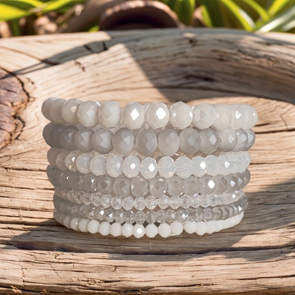 Image of 7pcs Bohemian Style Glass Stackable Beaded Bracelets, Spring , Suitable For Daily Vacation Wear
