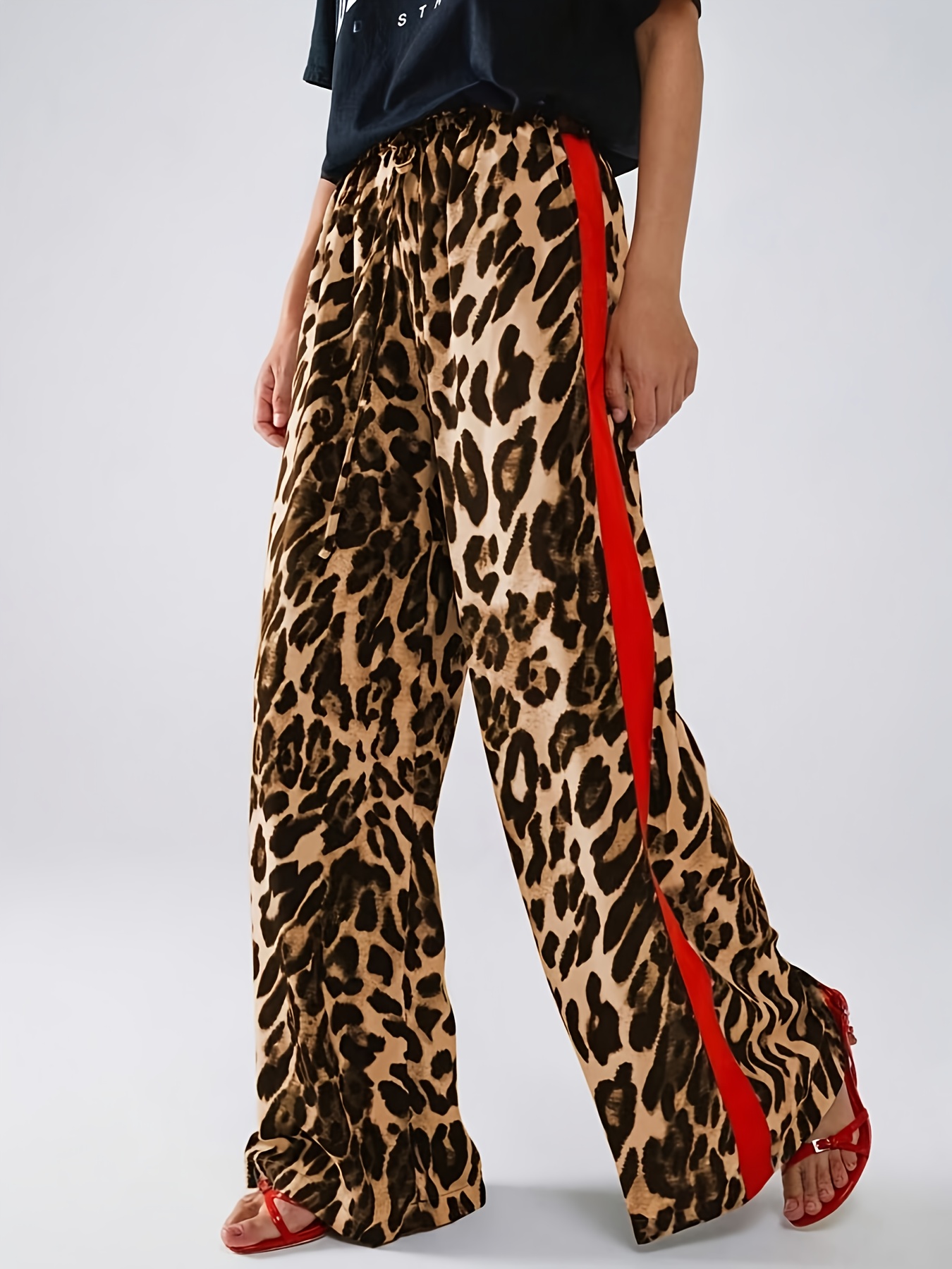 women's leopard print wide leg pants stripes spring - Temu