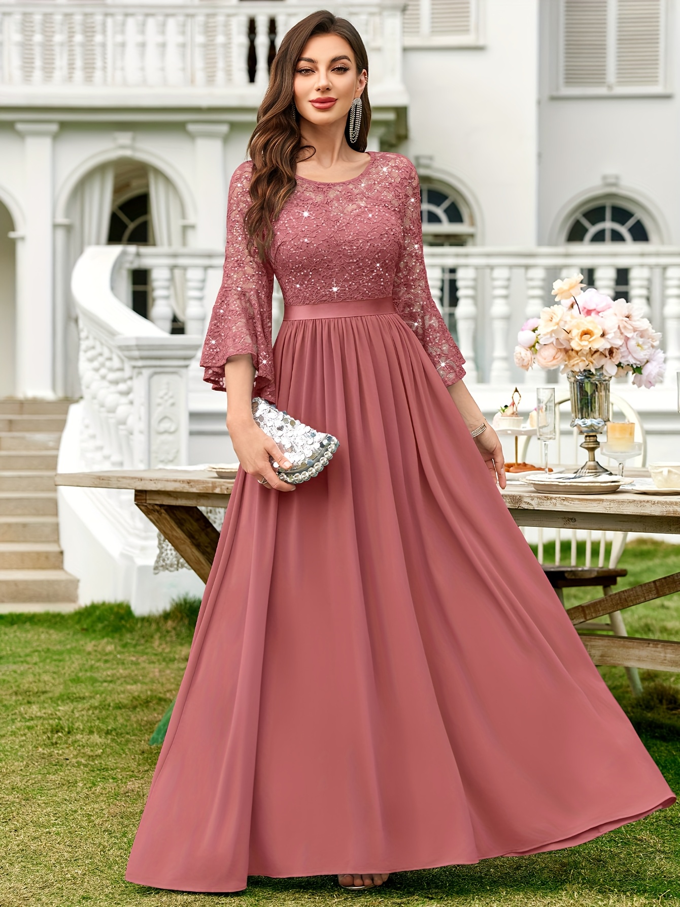 womens elegant scoop neck sequin lace chiffon swing hem
