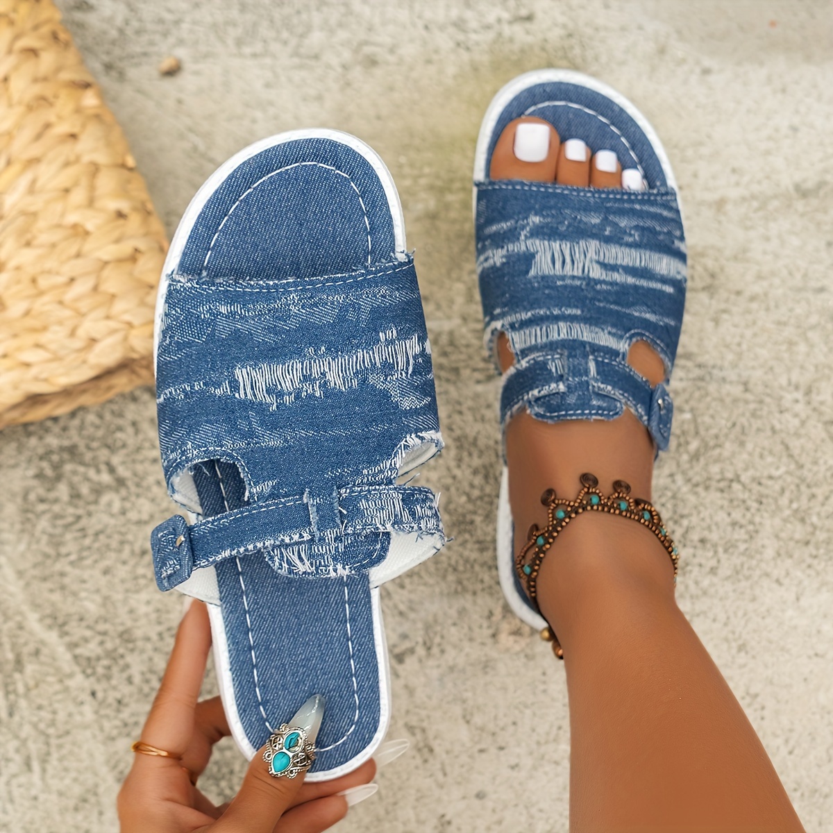 

Women's Denim Slide Sandals, Casual Open Toe Flat Summer Shoes, Lightweight Slide Sandals