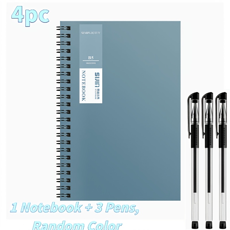 TEMU Set van 4 stuks - (1 A5 spiraalnotitieboek in willekeurige kleur + 3 gelpennen) - Duurzame zachte kaft, dagboek, rekeningboek, notitieblok,