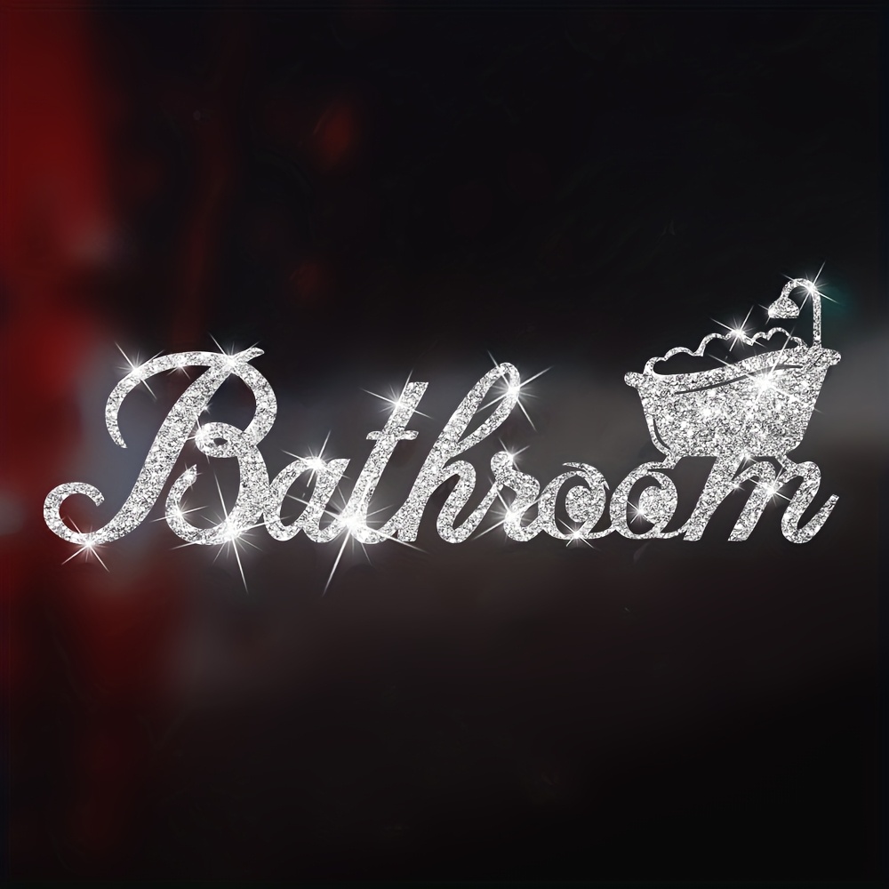 Image of Shiny Glitter Bathroom Stickers - Self-adhesive Vinyl Decals With Cartoon Bathtub Design, Sparkling Stars & Cursive Lettering, Thick Irregular Shape For Bathroom Door, Window, Glass, Wall Decor
