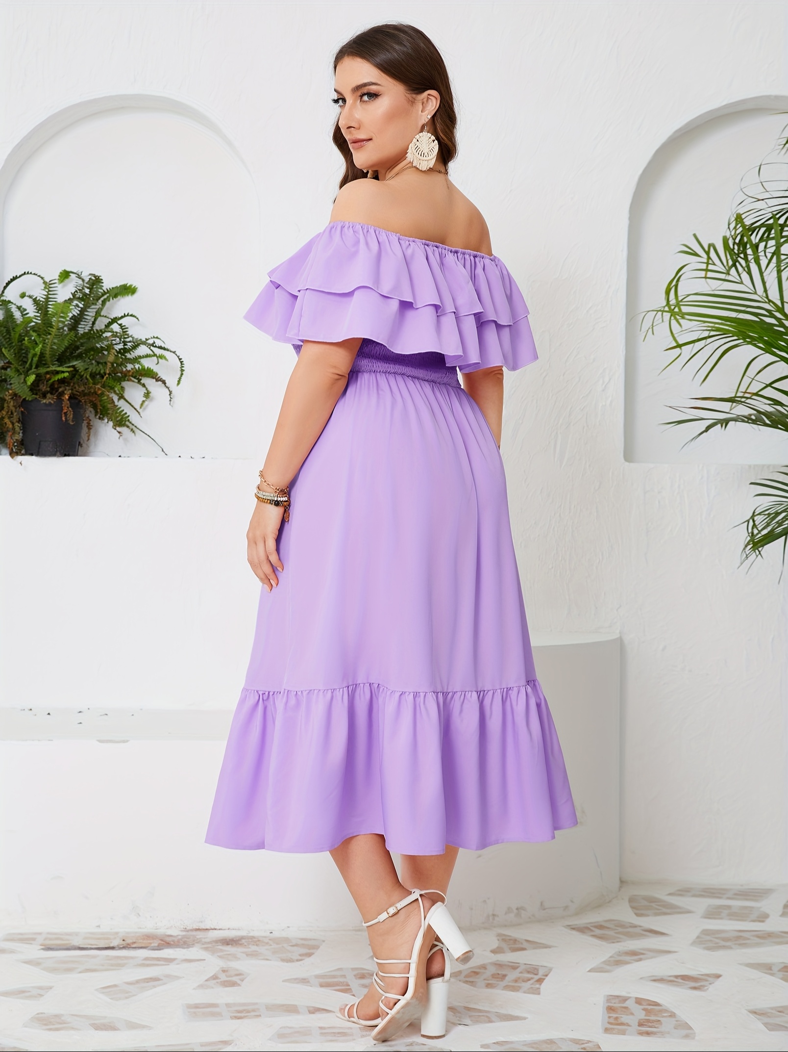 Flowy Purple Boho Dresses Women Plus Size Shoulder Maxi Dress