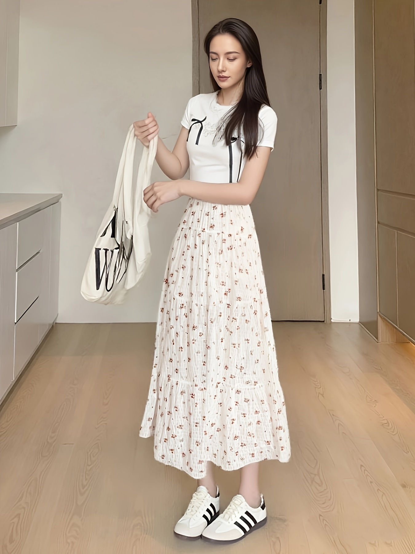 womens korean a line maxi skirt blue white Temu Pakistan