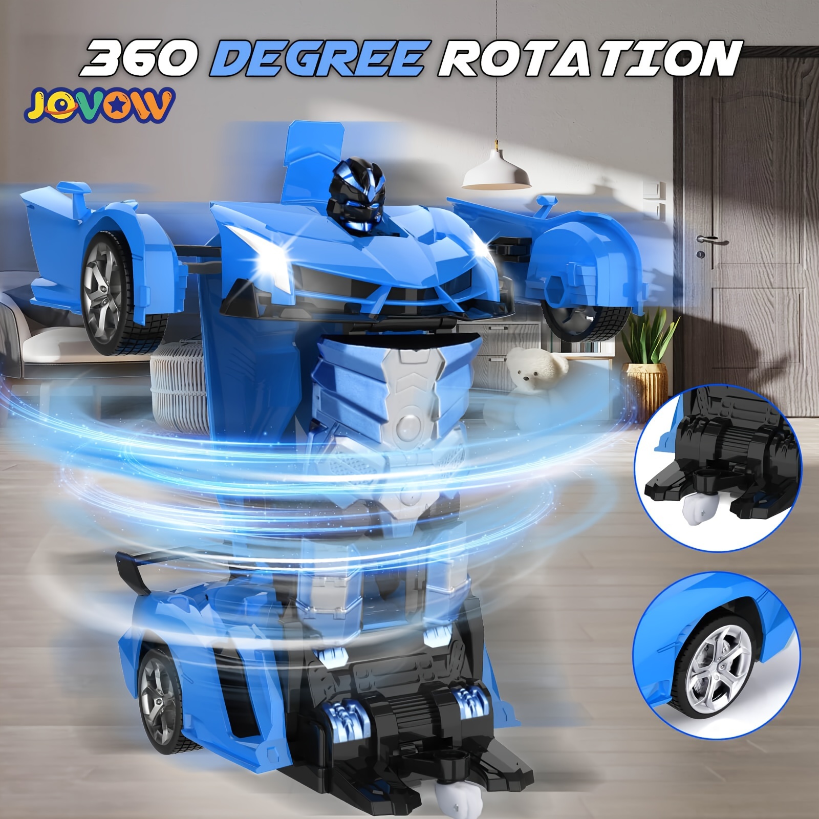 [Transformable|Robot] 2-in-1 Jovow Transformable Robot Car Toy | Remote Control Electric Racing Vehicle with Realistic Sounds, 360° Drift, USB Rechargeable, App-Controlled | Blue & Red/Yellow Options, Perfect for Birthdays, Christmas, Halloween Gifts