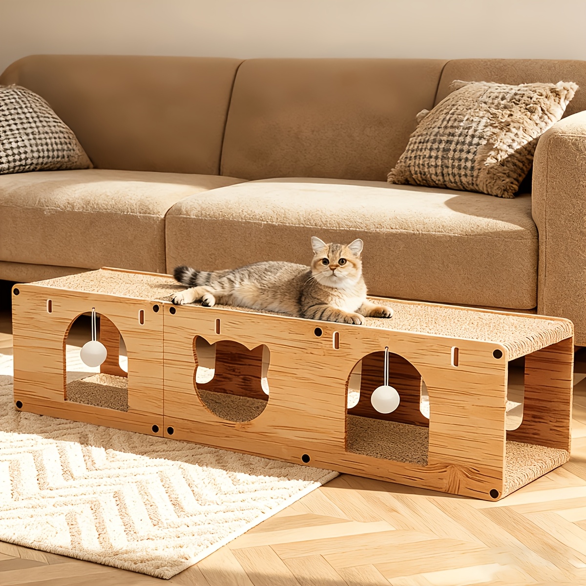 TEMU Tunnel Griffoir pour Chat avec Cadre en Bois, Maison à Gratter pour Chat en Papier Épaissi, Lit Multi-Usage pour Chatons, Tapis à Gratter