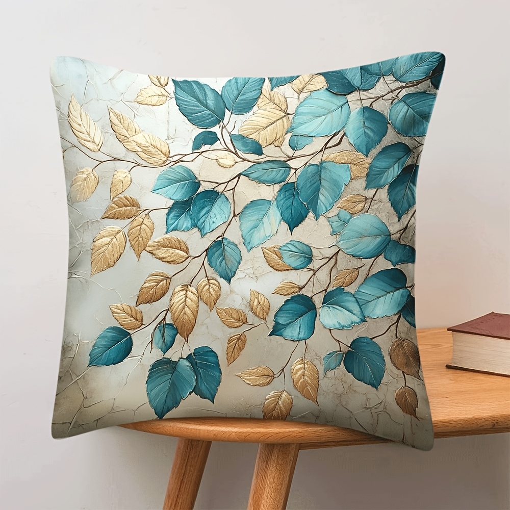 TEMU de almohada vintage de poliéster teñido con hilo dorado y hojas turquesas, lavable a máquina, cierre de cremallera, de cojín decorativa tejida,