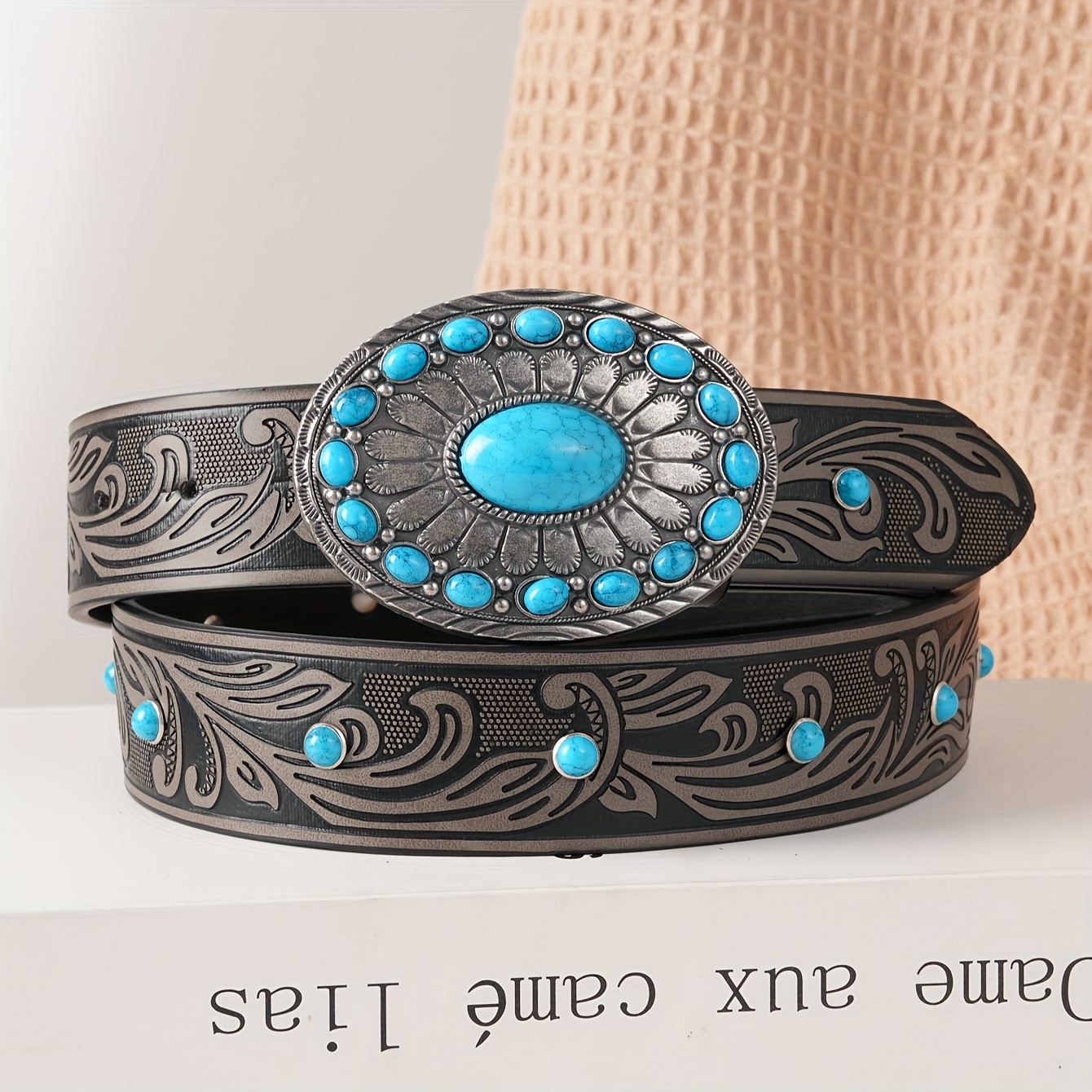 Western Cowgirl PU Leather Belt with Turquoise Oval Buckle UTOWO Women Western-Turquoise-Belt Embossed-PU-Leather  main image 3