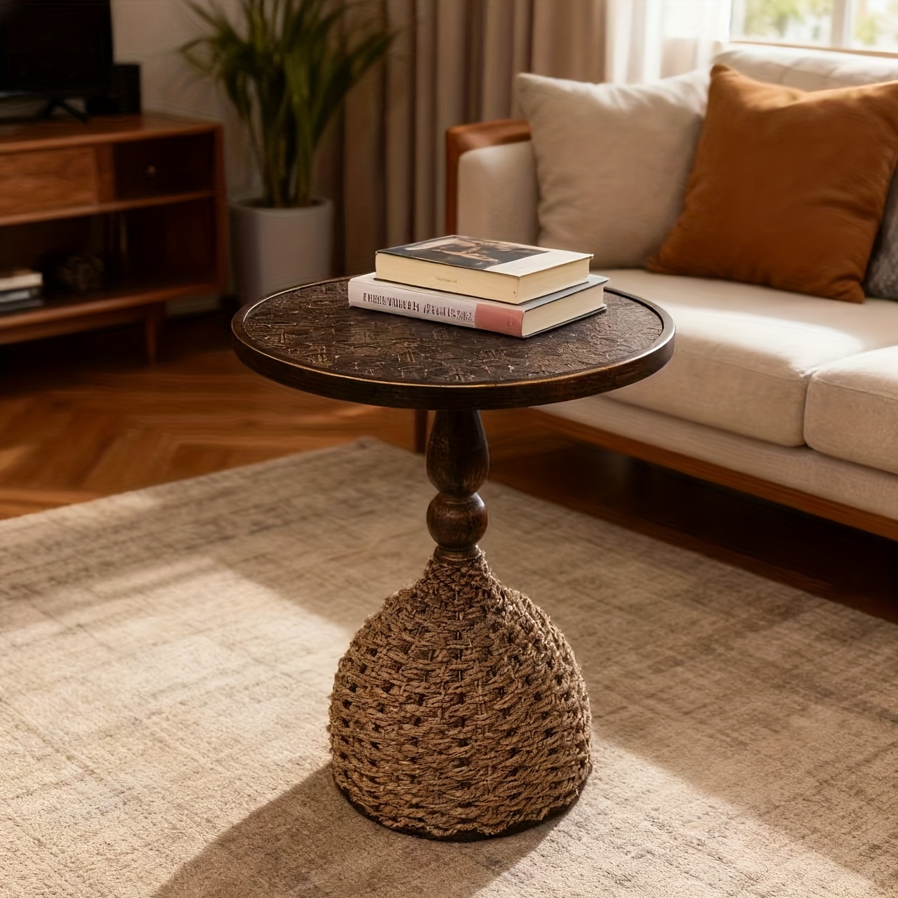Handcrafted Teng Iron Craft Water Grass Rope Woven Side Table, Flower Stand for Living Room Sofa Side, Study, Balcony, Guesthouse, Outdoor Coffee Shop, Bar