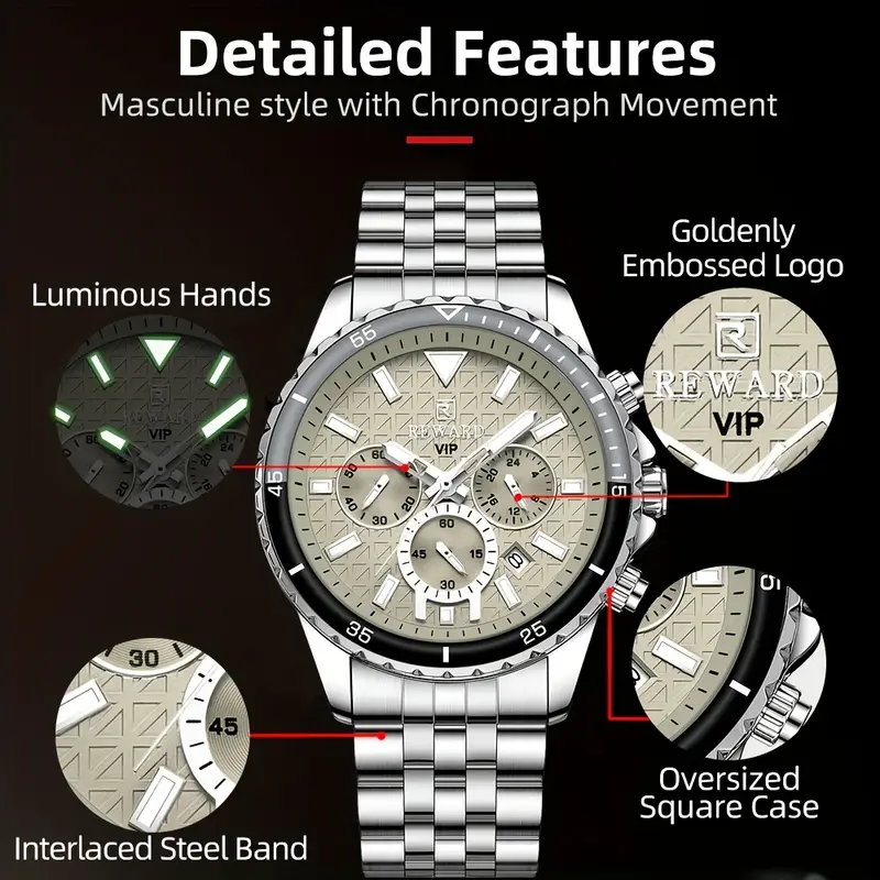 new reward business silvery gray quartz watch men timing calendar luminous hands multi functional wristwatch high quality gift for male stainless steel watch band reward 3