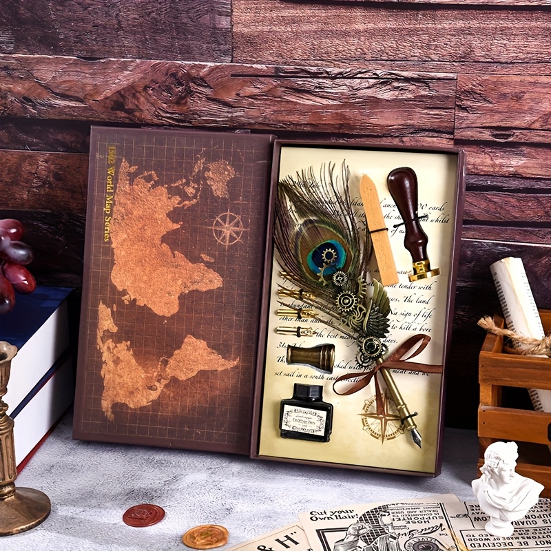 TEMU Halloween Gifts, Christmas Gifts, 1 Set Of Feathers Vintage Mechanical Gear Pen, With Wax Print, Brass Base, And Authentic Historical Writing