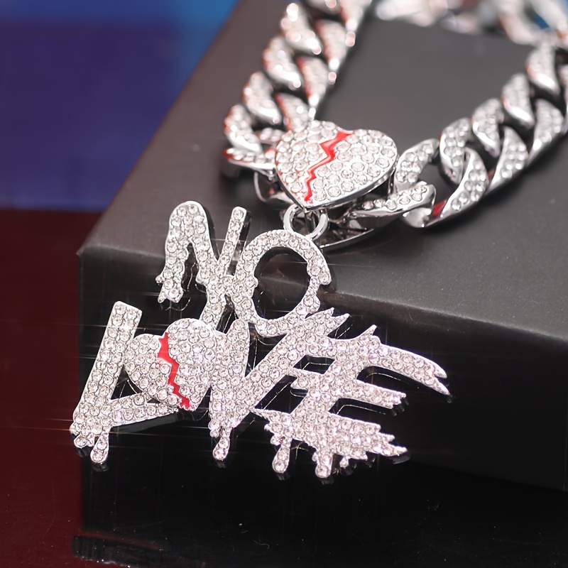 TEMU 1 Shiny No Love Pendant With Ice Cuban Chain, Miami Necklace, Men's And Women's Hip-hop Pendant, Necklace, Jewelry Gift