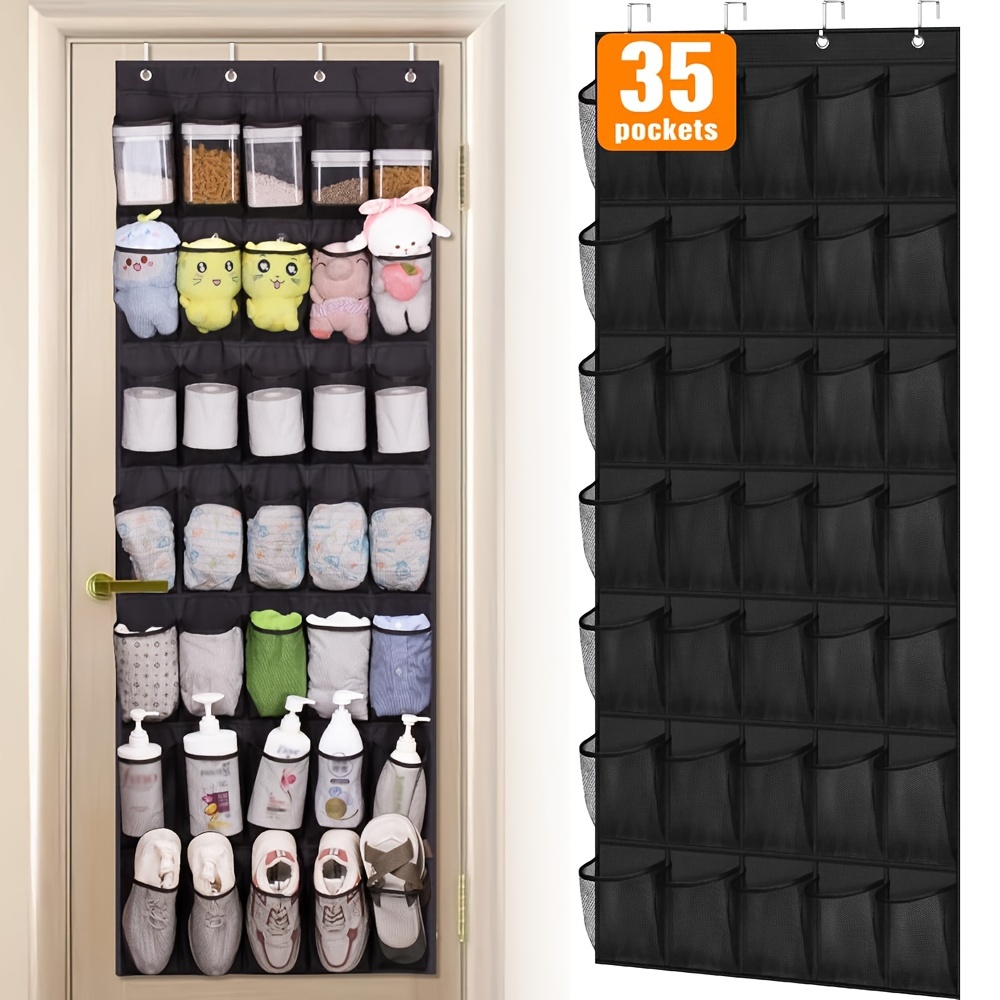 

35-pocket Over-the-door Shoe Organizer - Premium Transparent Hanging Storage For Snacks, Towels, Socks & More With 4 Metal Hooks, Black