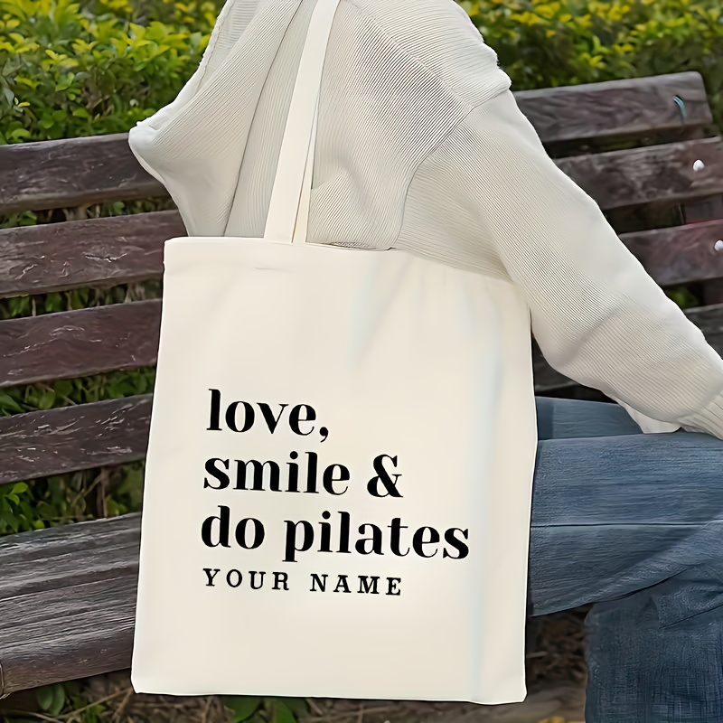TEMU 1 stuk Gepersonaliseerde Pilates Tote Bag met Naam/Tekst - Beige Duurzame Sporttas voor Vrouwen, Pilateslessen, Yoga, Reizen & Dagelijks Gebruik