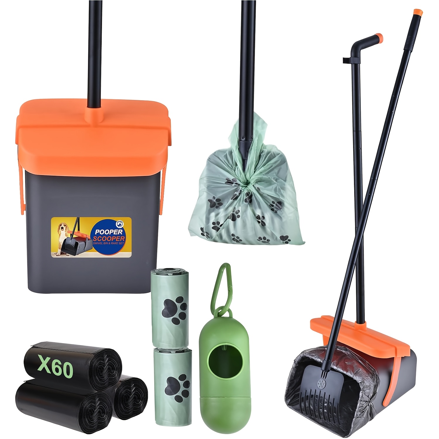 46" Dog Poop Scoop Swivel Trash Can And Rake For Large And Small Dogs With 90 Free Bag Attachments, Long Handled Poop Scoop, Odor-resistant Lid, With Patio Cover (orange)