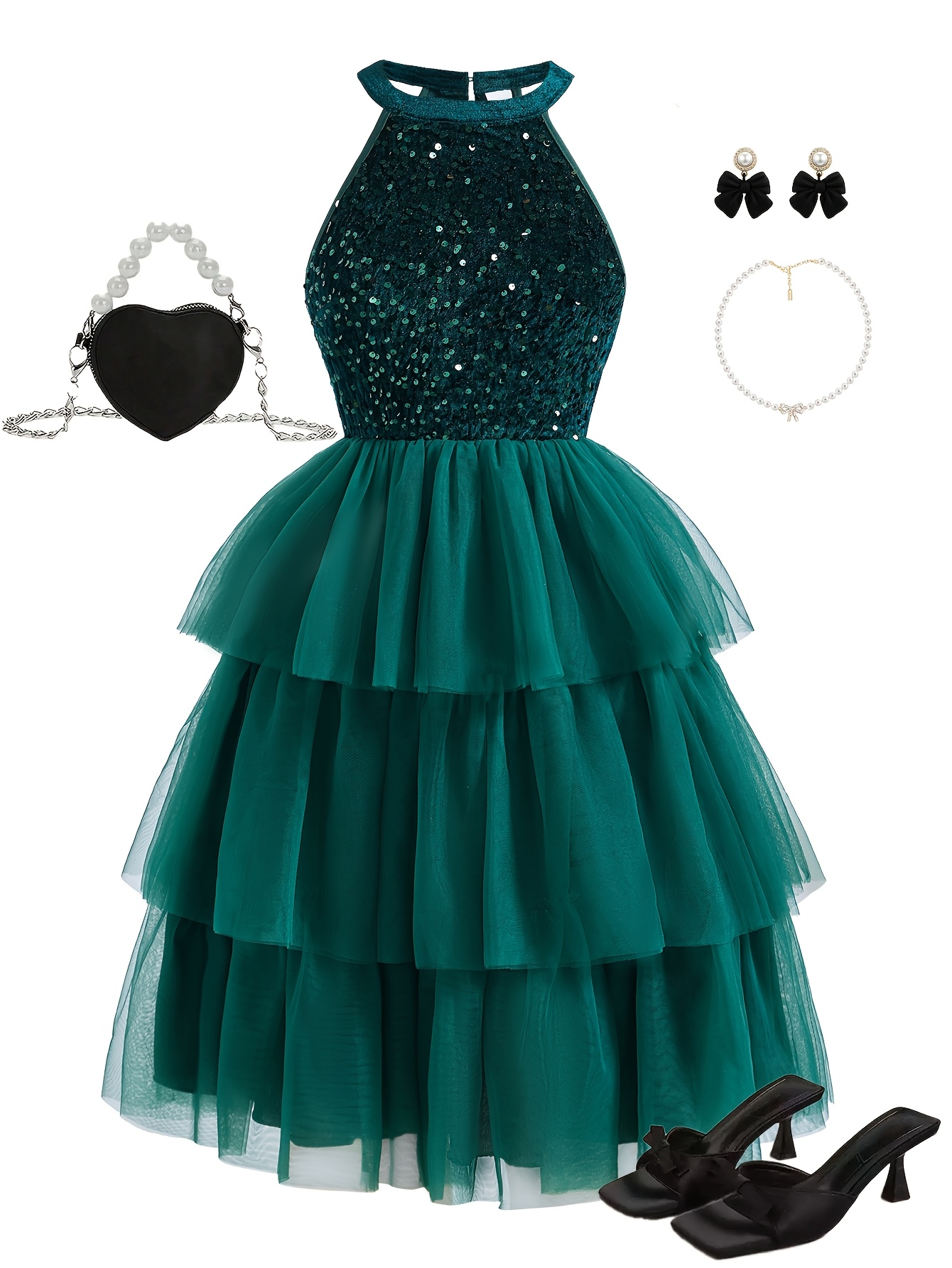 Teen dark green velour knit dress with sequin bodice