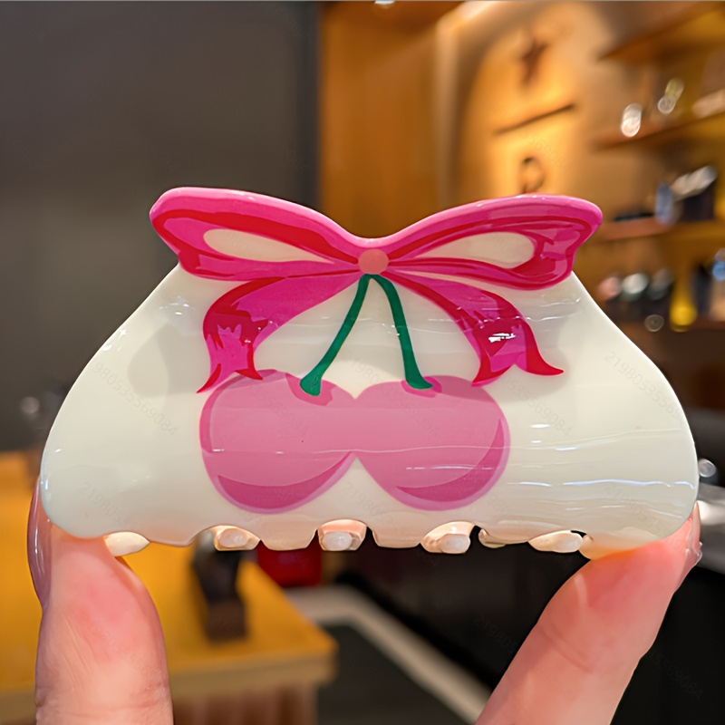 Image of 1pc Cute Acrylic Yogurt Cherry Pattern Hair Clip - Cute And , Large Anti Slip And , Suitable For Thick Hair, Single Piece Hair Accessory, Suitable For Women And 14 Years And Above