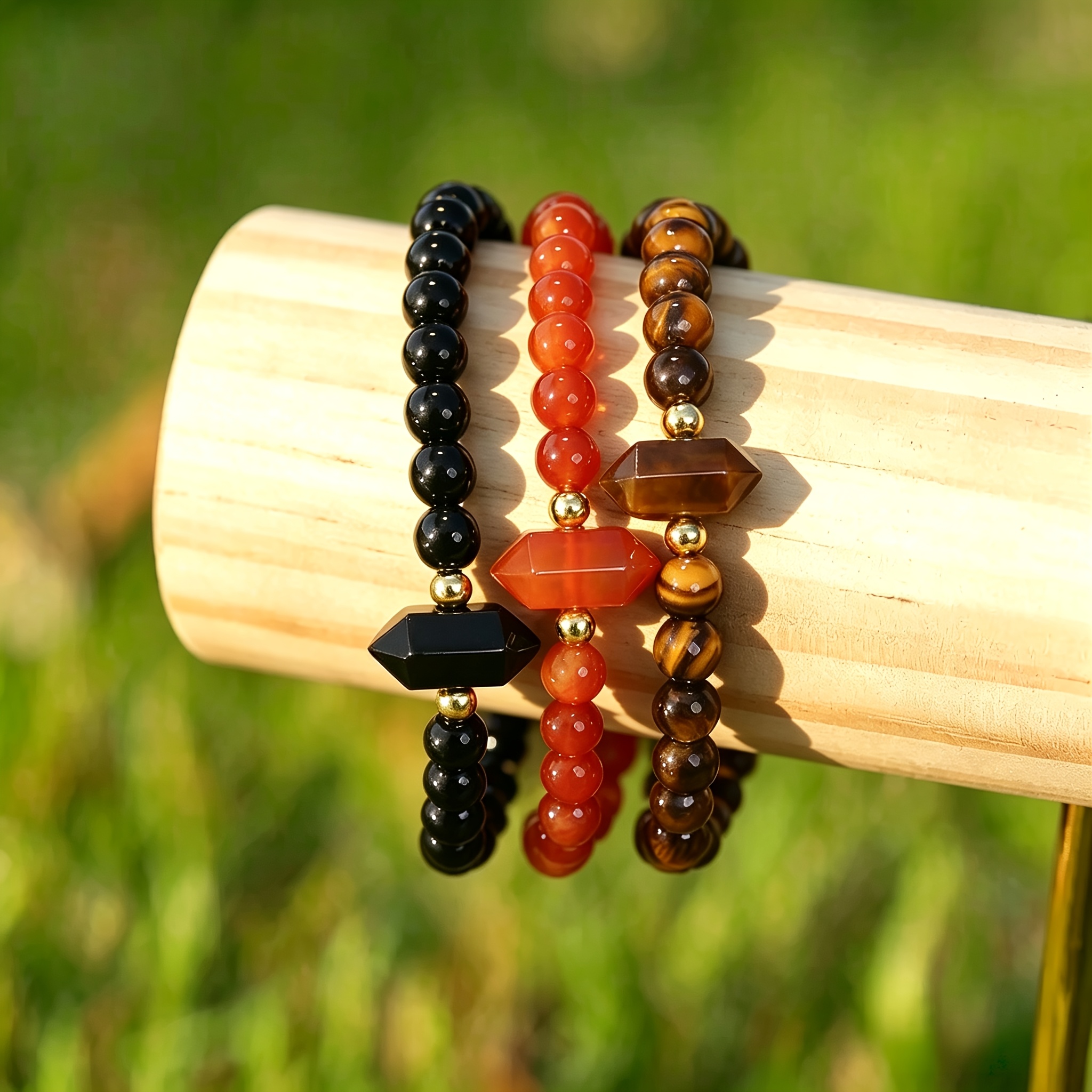Natural Stone Beaded Bracelet with Tiger Eye & Agate, Handmade