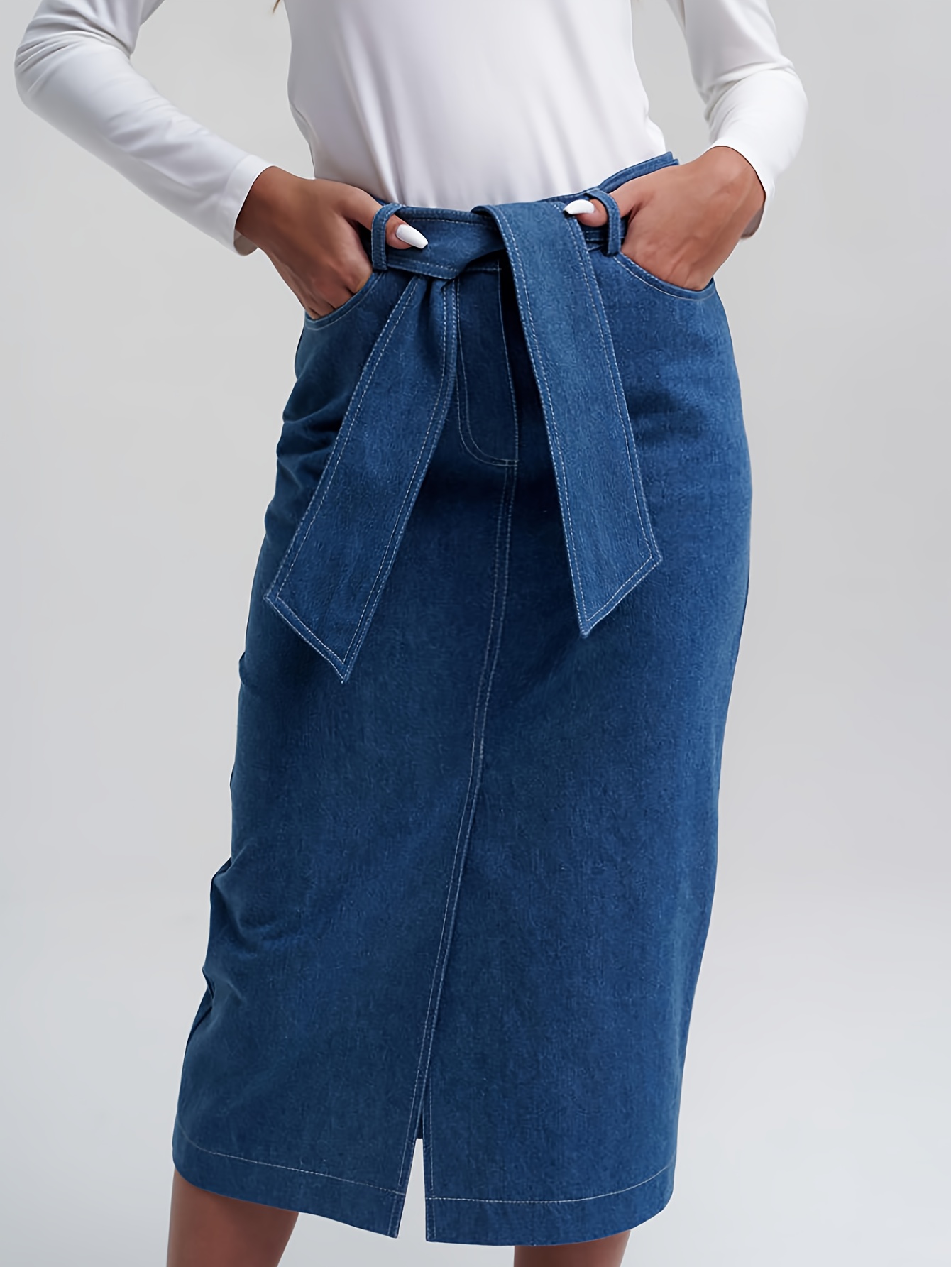 Split Front Deep Blue Slash Pocket Denim Skirt Causal Washed - Temu Canada