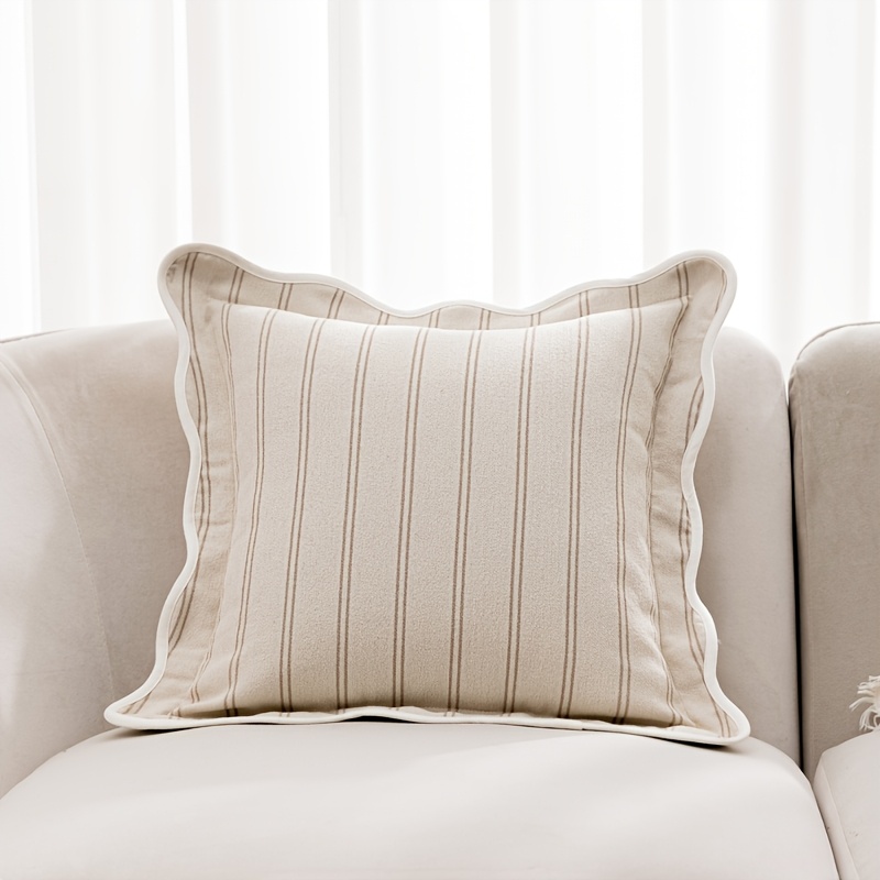 TEMU 1pc French Wave-edge Easy Retro Striped Throw Pillow Cover With Jacquard Weaving On Sides For Sofa Bed, Living Room Pillow Cover, Waist Cushion