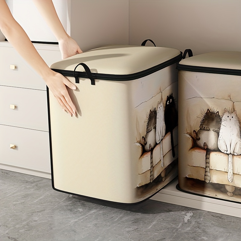 Image of 1pc Clothing Cover Storage Bin, Sofa Kitten Print Storage Bag, Large Capacity Folding Storage Bag For Blankets, Quilts And Clothes - Durable Non-woven Material, Strong Zipper, Perfect For Gifts