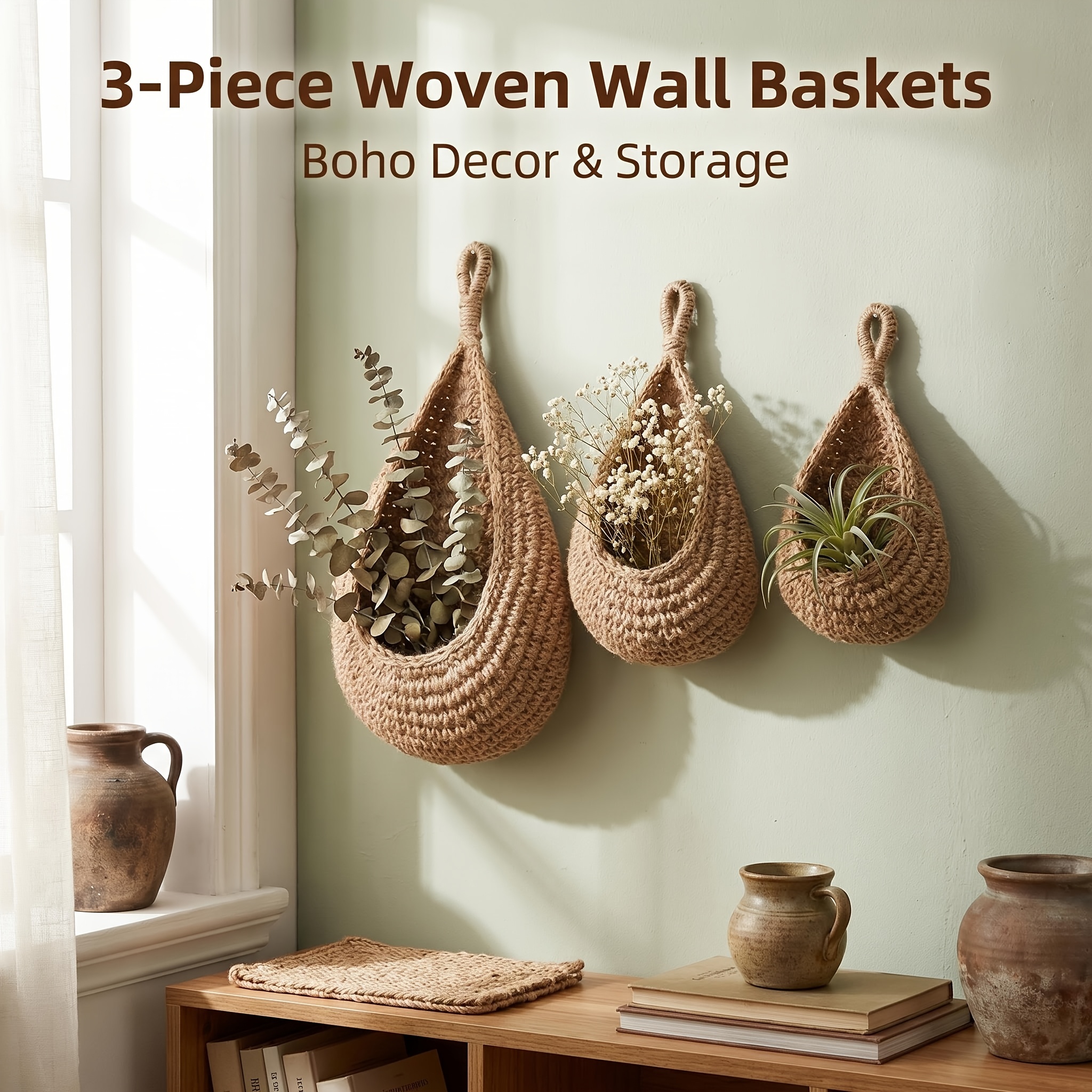3pcs Bohemian-style Rope Handwoven Wall-mounted Basket Set, Multi-functional Hanging Storage Basket Made of, Suitable for Storing Sundries, Kitchen, Home, and Dining Room Decorations, Shelf Basket, Perfect Gift for All Four Seasons., Shelf Baskets