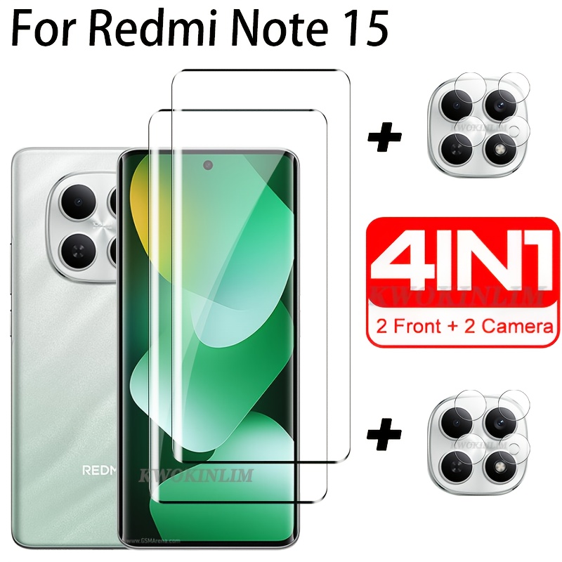 E-shop (4-in-1) für Redmi Note 15 4G Glas 3D gebogenen Vollabdeckungs-Displayschutz für Redmi Note 15, gehärtetes Glas für Redmi Note 15, Linsenfolie
