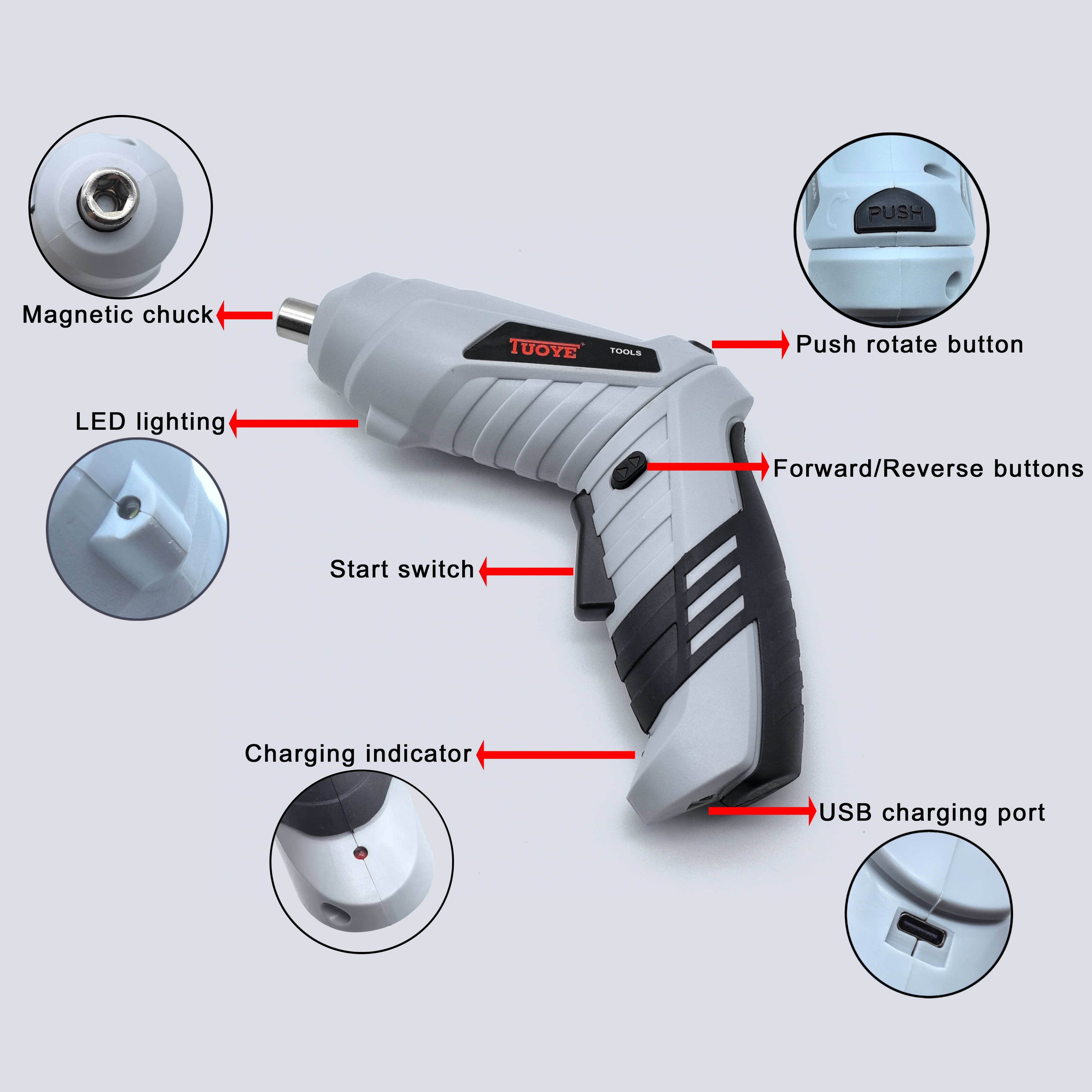مجموعة مفك براغي لاسلكية 47+2 قطعة، قابلة للدوران والتشوه مع بطارية قابلة للشحن مدمجة، صندوق بلاستيك pe للتجميع لتخزين وسهولة النقل، تصميم ضوء عمل led، بيئة تلاشي لا يؤثر على الاستخدام، مقبض مطاطي لتغليف مريح، يمكن المنتج أن يؤتي وظائف الحفر والتثبيت، يحسن الكفاءة بشكل كبير في تفكيك الأشياء والأمنت المنزلية تفاصيل المنتج 2