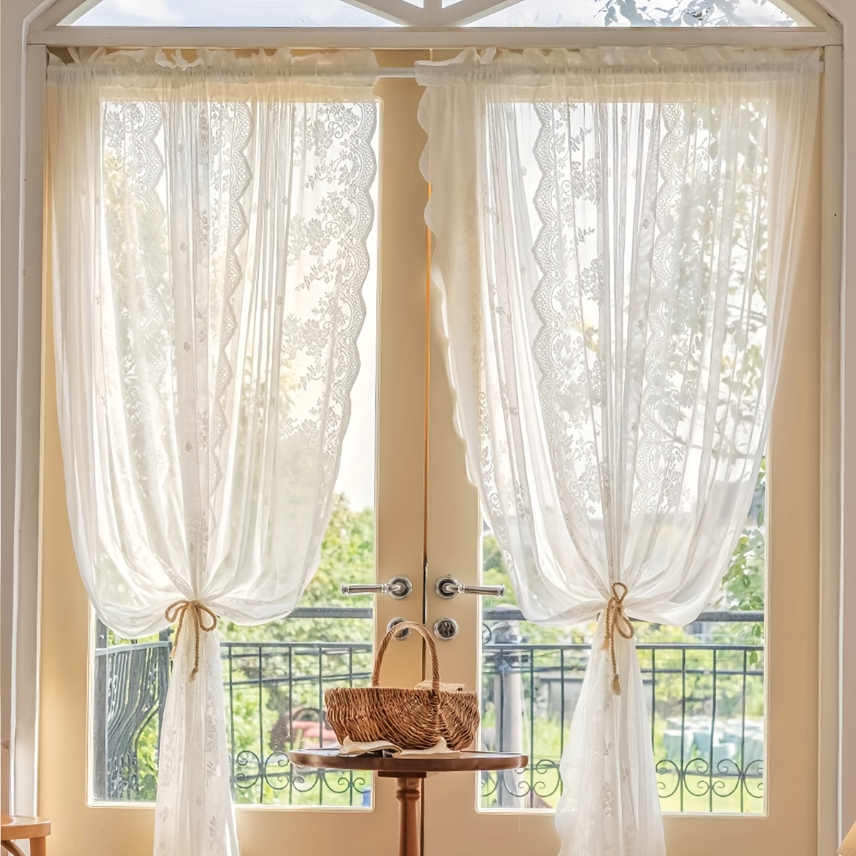 Image of 2pcs Set Vintage Lace Embroidered Sheer Curtains - Lightweight & Translucent, Perfect For Living Room, Bedroom, Office Decor