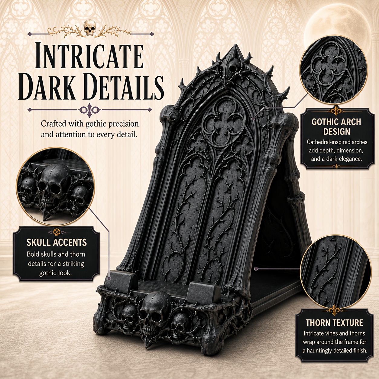 Gothic Phone Stand, Dark Gothic Style Desk Phone Holder With & Thorn Details, Black Decorative Cell Phone Stand For Desk, Nightstand, Shelf, Home Office Decor, Gift For Gothic Lovers