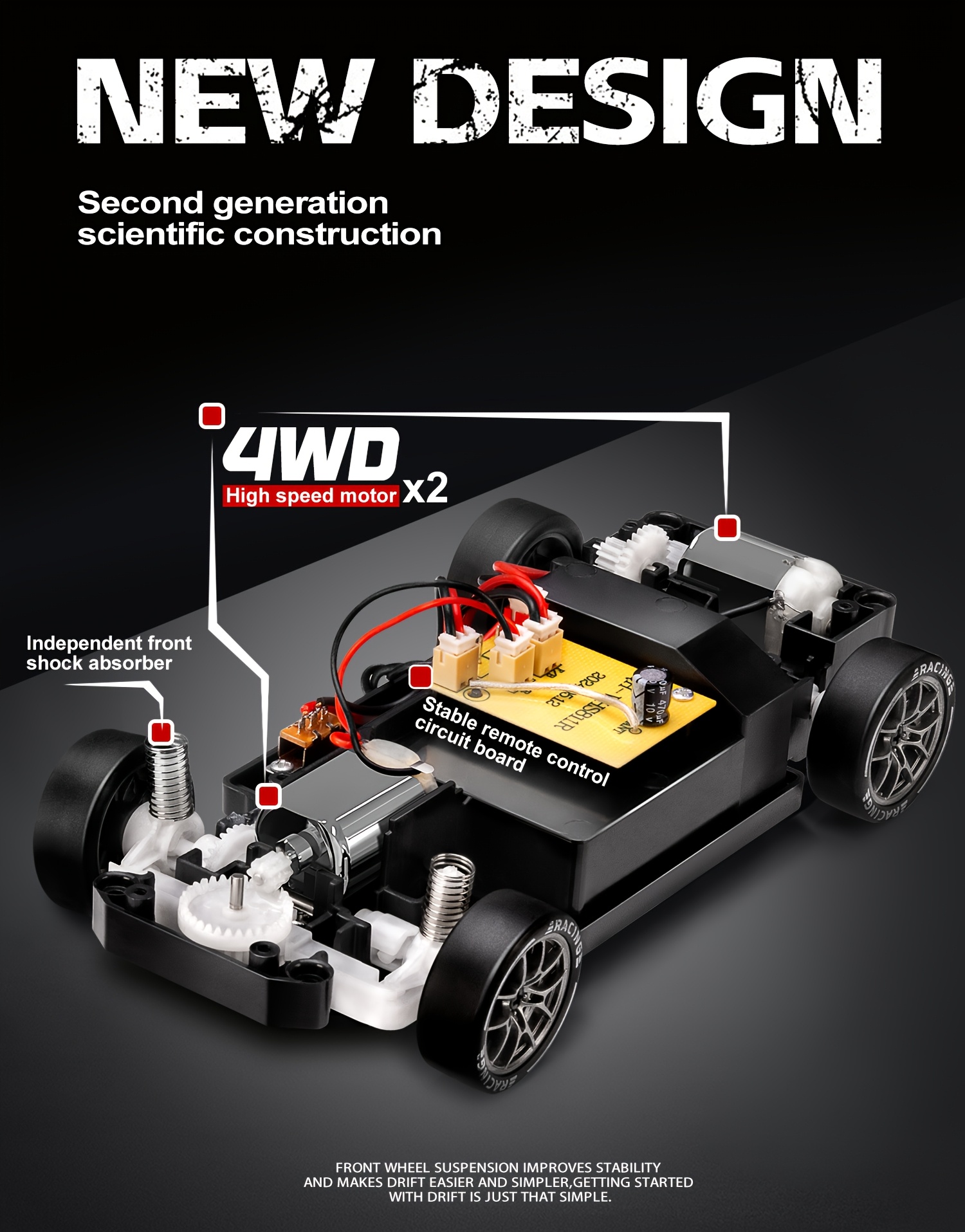 1 24 scale 4wd rc drift car with 2 4ghz   of reaching   up to 20km h this high   vehicle     with drift tires   and led lights and   two batteries its an ideal birthday or holiday gift for children aged 6 and above details 8