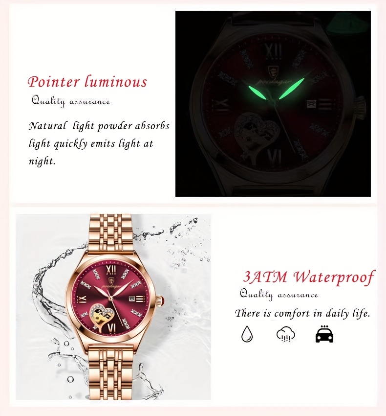 POEDAGAR Elegant Women's Quartz Watch - Rose Golden-Tone Stainless Steel, Luminous Hands & Calendar,, Date Display with Heart Detail