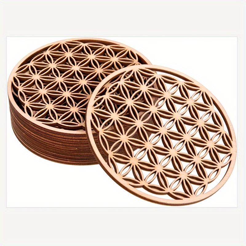 Image of A Set Of 10 Flower Of Life Wooden Coasters - Hand Wash Wooden Beverage Coasters With Design For Cups, Mugs And Glasses