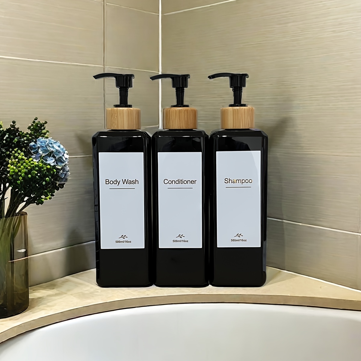 

3-piece 500ml Square Shampoo Dispenser Set With Waterproof Labels - Refillable, Lead-free Plastic Bottles For Bathroom Organization Shampoo And Conditioner Dispenser Soap Dispenser Bathroom