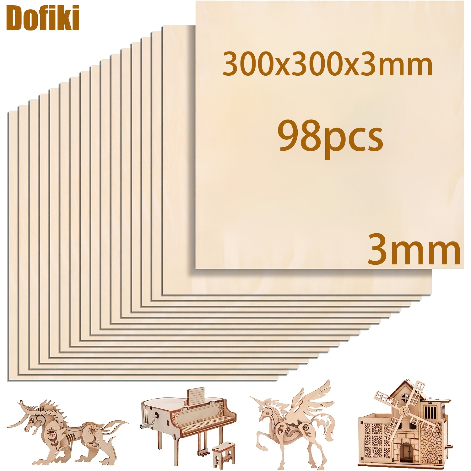 Image of Dofiki 98pcs Basswood Plywood 300x300x3mm, Unfinished Wood Sheet, Suitable For Diy Crafts, Laser Cutting Engraving, Pyrography, Painting, Model Making