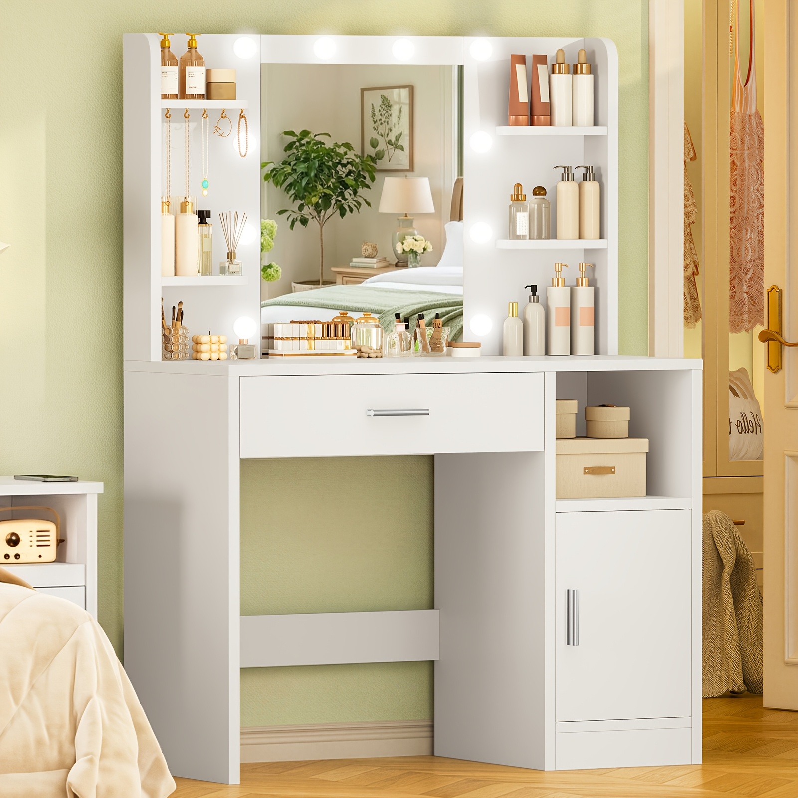Vanity Desk With Led Lighted Mirror, Makeup Vanity With Drawer And Cabinet, White Dressing Table With Storage Shelves, Modern Vanity Table For Bedroom, White